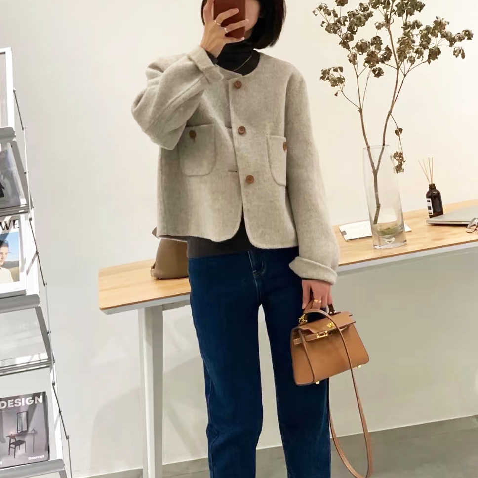 小个子双面羊毛大衣女2023秋冬新款圆领短款小香风韩版毛呢外套绒