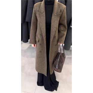 2025新款人字纹西装领双面羊绒大衣女双排扣过膝长款显瘦羊毛外套