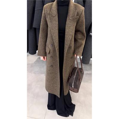 2025新款人字纹西装领双面羊绒大衣女双排扣过膝长款显瘦羊毛外套
