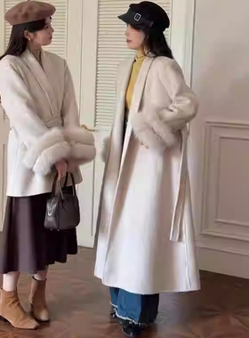 羊毛呢外套温柔慵懒风毛呢外套女长款系带收腰浴袍式高级感大衣
