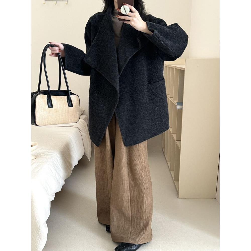 2025韩国东大门高级感双面羊绒大衣女立领宽松羊毛呢外套反季新款