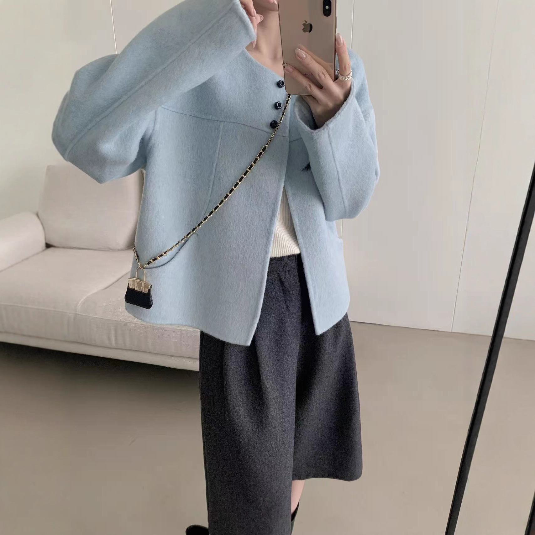 双面羊绒大衣女短款小香风