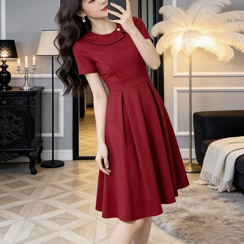 法式复古风酒红色连衣裙女收腰显瘦气质赫本风中长裙圆领短袖修身