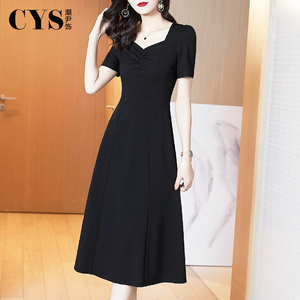 赫本风小黑裙女2026夏季新款收腰气质修身黑色方领法式连衣裙长裙