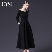 黑色一字肩连衣裙高级感2026秋冬新款 气质赫本风小黑裙宴会礼服女