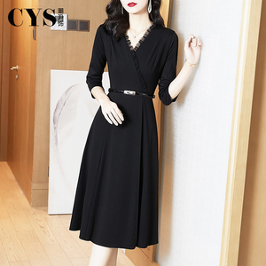 黑色中长款连衣裙2026秋季新款女装赫本风小黑裙气质收腰显瘦裙子