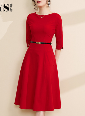 2026秋季新款轻奢高级感红色职业连衣裙女收腰气质显瘦晚礼服裙子