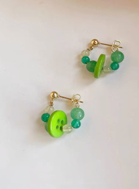 S925银针 复古绿色纽扣耳环耳钉小众设计ins珐琅2023年新款耳饰品