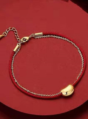 真金电镀珠手链情侣红色手绳相思小金豆七夕礼物送女友