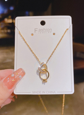 【真金电镀】网红2021年新品轻奢14K金双环项链铜镶钻时尚锁骨链