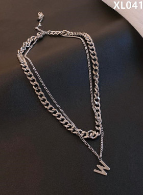 暗夜77不锈钢链条项链W字母叠戴锁骨个性嘻哈百搭钛钢短款颈链女