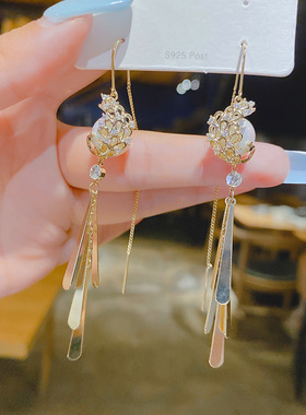 S925银针内镶锆石流苏潮个性耳钉耳环韩版2024年新品潮气质耳饰