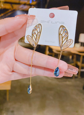 925银针网红东大门ins韩版蝴蝶翅膀耳环2024新品锆石耳坠网红气质