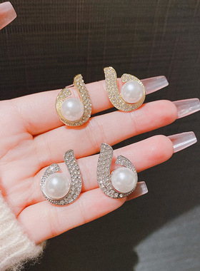 2024新款耳环潮一生钟爱s925银针耳钉珍珠镶钻水滴耳饰时尚气质女