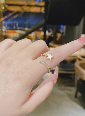 真金电镀铜镶锆石韩国网红五角星戒指女设计感简约开口