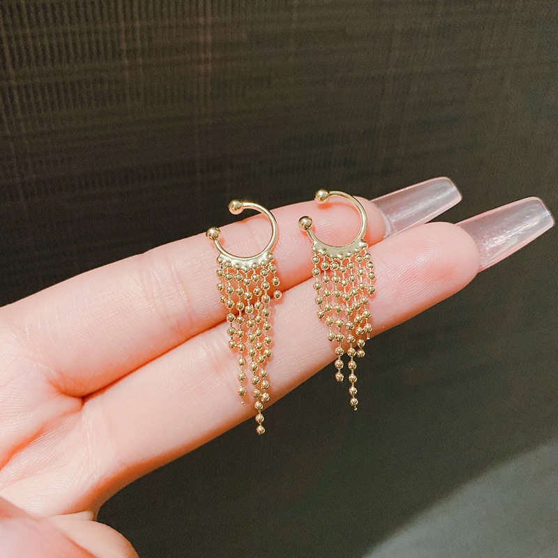 韩版设计感流苏耳骨夹善涛无耳洞耳环复古小金球仙女耳夹饰品