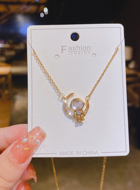 【真金电镀】铜微镶锆石月亮宇航员项链女小众设计锁骨链潮网颈链