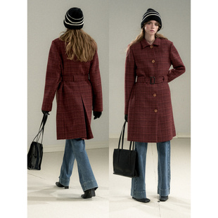 Cycle 复古简宽腰带小版 型红棕调格纹羊毛大衣女中长款 Document