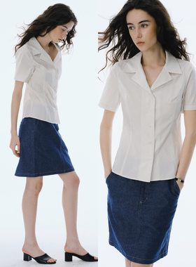 Cycle Document 智性风小格纹古巴领修身收腰显瘦短袖衬衫衬衣女