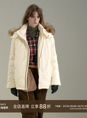 Cycle Document 95白鸭绒/冬季宽松貉子毛领短款轻薄连帽羽绒服女