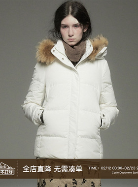 Cycle Document 90白鹅绒 白色修身貉子毛领短款加厚连帽羽绒服女