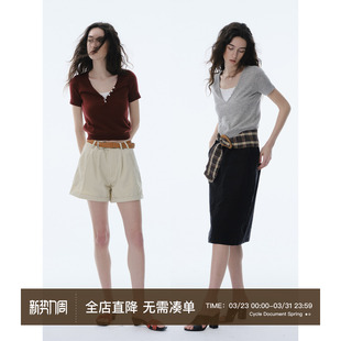 显瘦弹力上衣深v领短袖 Cycle 羊毛修身 双重穿搭 T恤女夏 Document