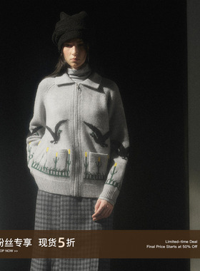 Cycle Document  100%纯羊毛/ 复古翻领粗针提花加厚开衫毛衣女