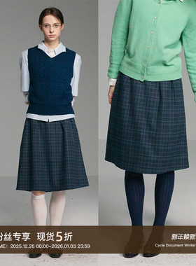 Cycle Document 复古高腰直筒格纹半身裙女知识分子风收褶A字摆裙