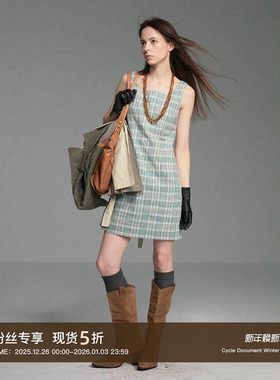 Cycle Document复古直筒绿色格纹吊带背心裙女中长款微收腰连衣裙
