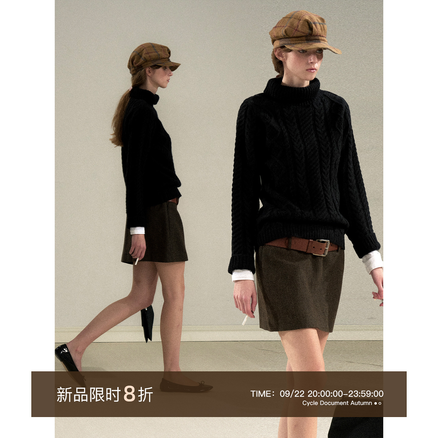 Cycle Document 100%纯羊毛/秋冬复古黑色高领保暖针织麻花毛衣女