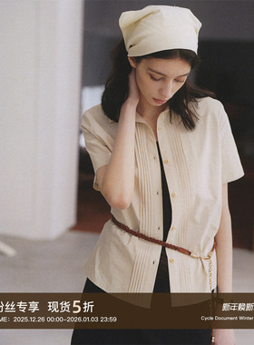 CycleDocument 60支高密长绒棉  正肩小版型显瘦风琴褶短袖衬衫女