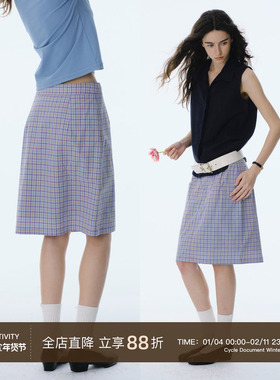 Cycle Document 腰头有可调节 紫色格纹直筒裙高腰短款半身裙女