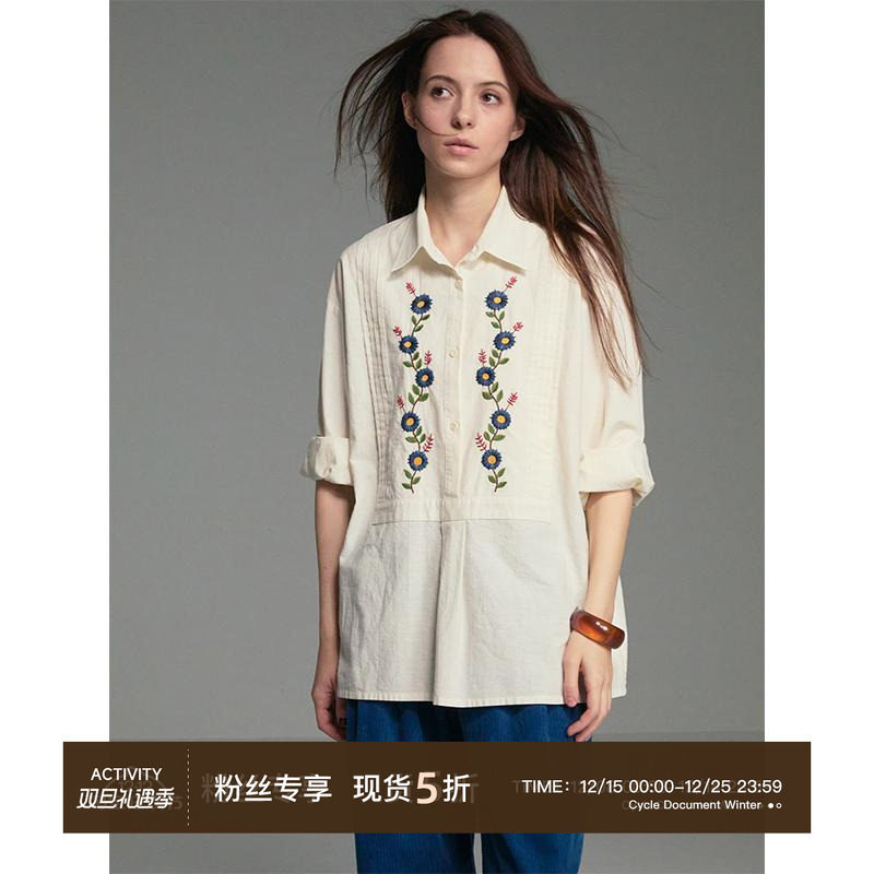CycleDocument棉麻花卉刺绣衬衫