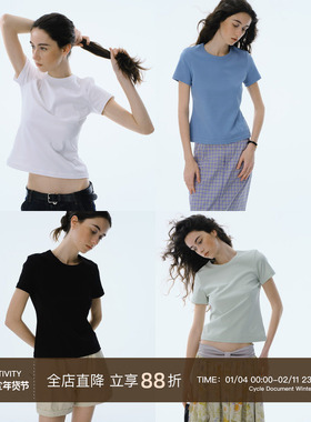 Cycle Document 夏季基础款修身显瘦正肩短袖T恤女圆领通勤风上衣