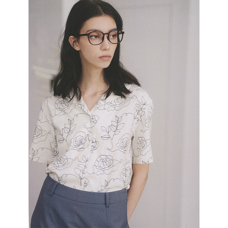 CycleDocument 亚麻线条感印花古微落肩直筒古巴领短袖衬衫女