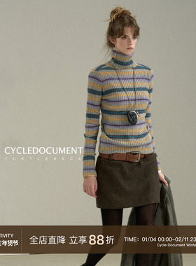 CycleDocument 骆马毛/羊毛 彩色条纹高领毛衣女修身内搭打底衫