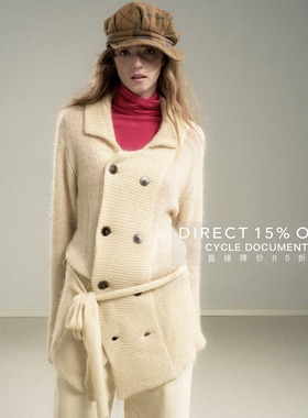 CycleDocument 马海毛开衫毛衣女复古翻领双排扣收腰系带针织外套
