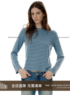 Cycle Document 莱赛尔蓝白细条纹长袖T恤女微宽松正肩圆领打底衫