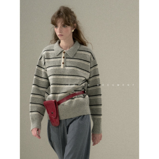 CycleDocument 上衣 羊毛polo领套头毛衣女秋冬宽松复古条纹针织衫