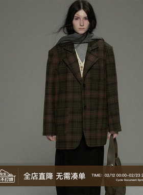 Cycle Document 循环档案 复古墨绿色高级感格纹羊毛呢西装外套女