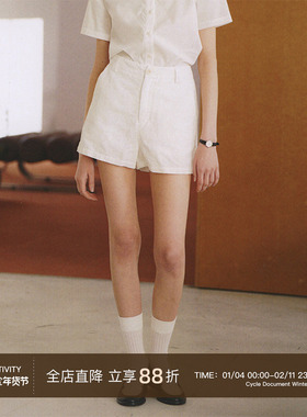 CycleDocument 汉麻&棉混纺 成衣酵素洗 白色简约直筒高腰短裤女