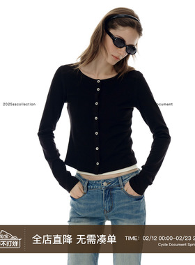 Cycle Document黑色圆领修身针织开衫女春秋短款简约外搭打底毛衣