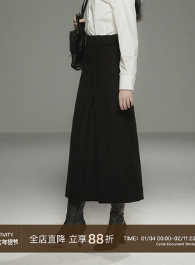 Cycle Documen  含羊毛复古黑色设计感高腰a字毛呢半身裙女中长款