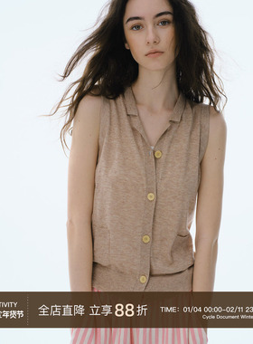 Cycle Document美丽诺羊毛/复古翻领毛织细针开衫无袖马甲背心女