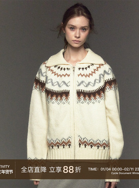 CycleDocument 羊毛混纺/ 复古粗针费尔岛提花加厚开衫针织毛衣女