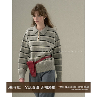 CycleDocument 羊毛polo领套头毛衣女秋冬宽松复古条纹针织衫上衣