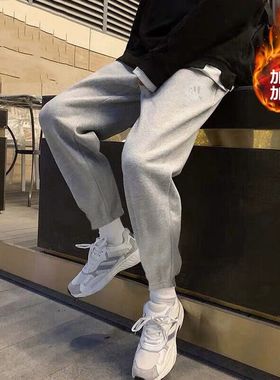 阿迪达斯正品男裤针织加绒运动裤棉质收口休闲裤子灰色长裤IJ6882
