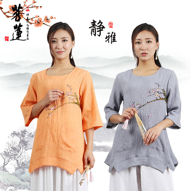 菩莲中国风t恤女佛系复古长衫居士服亚麻上衣女款汉服茶禅服唐装