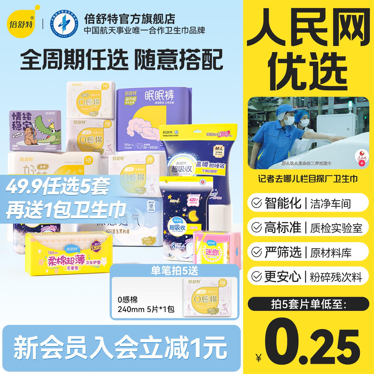【人民网优选】任选5套多送1包倍舒特透气极薄日夜组合卫生巾