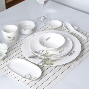 新中式陶瓷摆台餐具套装高档会所骨瓷盘子餐饮碗盘杯勺牛排盘摆盘